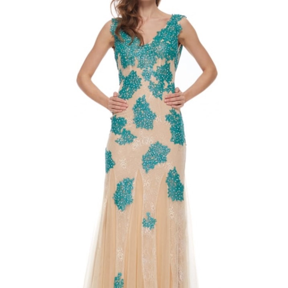 JOVANI Tan & Teal Lace Overlay Gown Size 4 #90164 - Picture 13 of 14